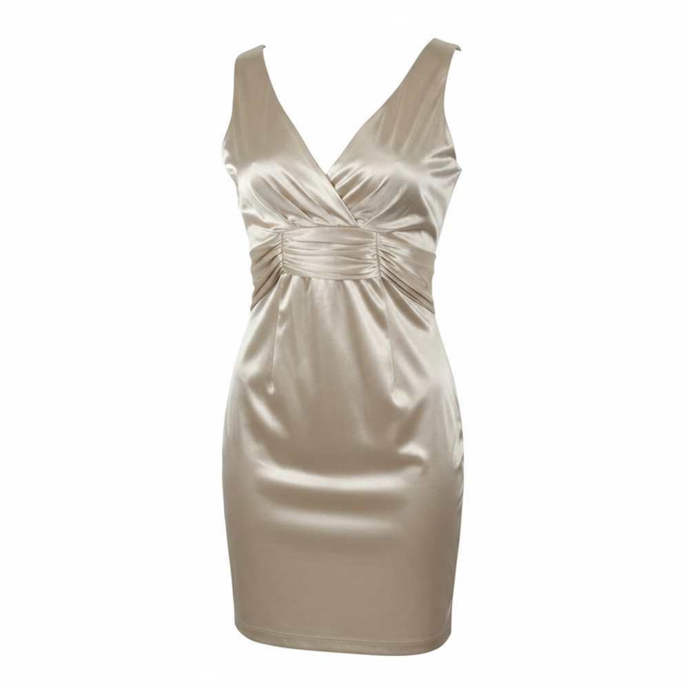 Ruby Rox Champagne Satin V-Neck Ruched Party Dress